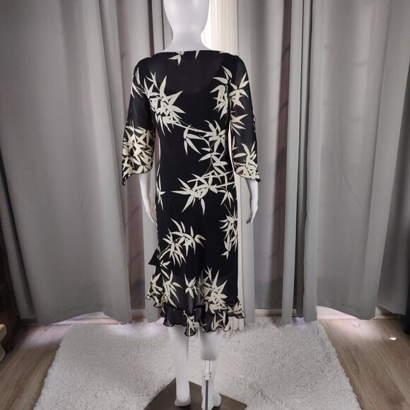 Jessica Howard Black Ivory Bamboo Print Ruffle Hem Midi Dress Size 6 - Picture 4 of 12